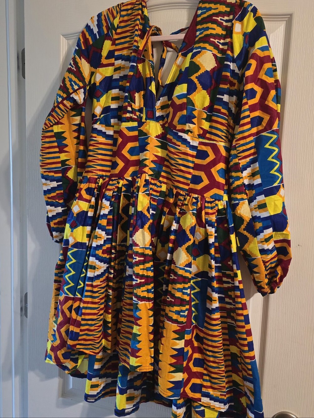 GRASS FIELDS African Print Ethnic Fit And Flare Hi-Lo Puff-Sleeve Dress US10 - Picture 4 of 6
